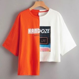 Two Tone Drop Shoulder Graphic Print Top